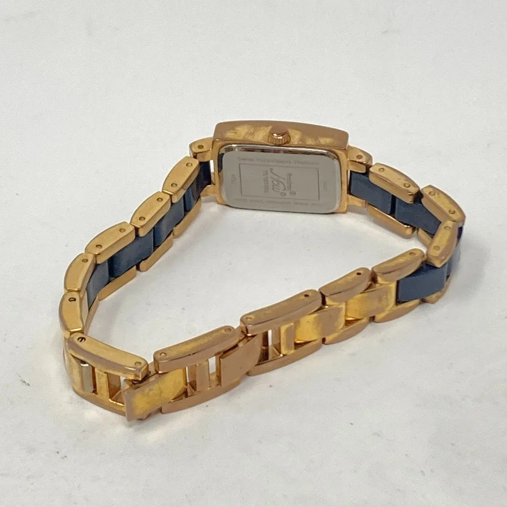 Armitron Tank Watch Women 17mm Rose Gold Tone Navy Ceramic Bling New Batt 6.75